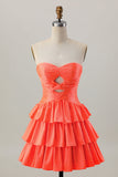 Orange Strapless A Line Tiered Cut Out ShortHomecoming Dress with Beading