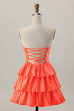 Orange Strapless A Line Tiered Cut Out ShortHomecoming Dress with Beading