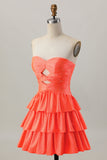 Orange Strapless A Line Tiered Cut Out ShortHomecoming Dress with Beading