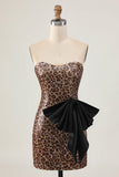 Brown Leopard Bodycon Strapless Short Homecoming Dress with Bow