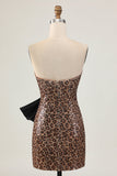 Brown Leopard Bodycon Strapless Short Homecoming Dress with Bow