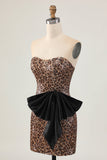 Brown Leopard Bodycon Strapless Short Homecoming Dress with Bow