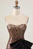 Brown Leopard Bodycon Strapless Short Homecoming Dress with Bow