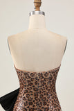 Brown Leopard Bodycon Strapless Short Homecoming Dress with Bow