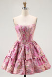 Cute Blush A-Line Corset Floral Brocade Mini Homecoming Dress