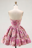 Cute Blush A-Line Corset Floral Brocade Mini Homecoming Dress