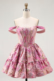 Cute Blush A-Line Corset Floral Brocade Mini Homecoming Dress