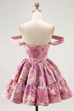 Cute Blush A-Line Corset Floral Brocade Mini Homecoming Dress