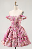 Cute Blush A-Line Corset Floral Brocade Mini Homecoming Dress