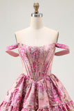 Cute Blush A-Line Corset Floral Brocade Mini Homecoming Dress