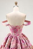 Cute Blush A-Line Corset Floral Brocade Mini Homecoming Dress
