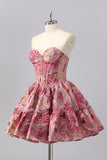 Blush A-Line Sweetheart Floral Brocade Corset Homecoming Dress With Ruffles
