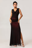 Black Mesh Sheath Cowl Neck Open Back Maxi Dress with Red Lining