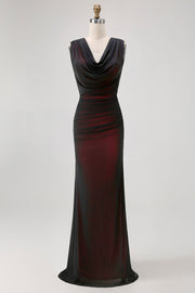 Black Mesh Sheath Cowl Neck Open Back Maxi Dress with Red Lining