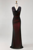 Black Mesh Sheath Cowl Neck Open Back Maxi Dress with Red Lining