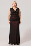 Black Red Sheath Cowl Neck Tulle Open Back Maxi Plus Size Dress with Slit