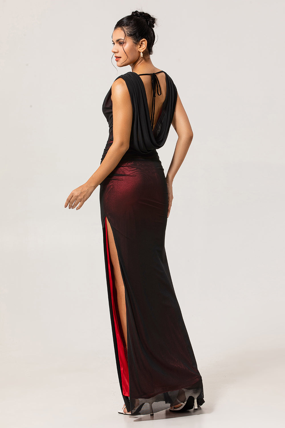 red dress with black mesh WEDTREND Women Black Long Bridesmaid Dress with Red Lining Mesh Sheath Cowl Neck Open Back Wedding Guest Dress with Slit
