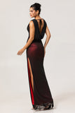 Black Mesh Sheath Cowl Neck Open Back Maxi Dress with Red Lining