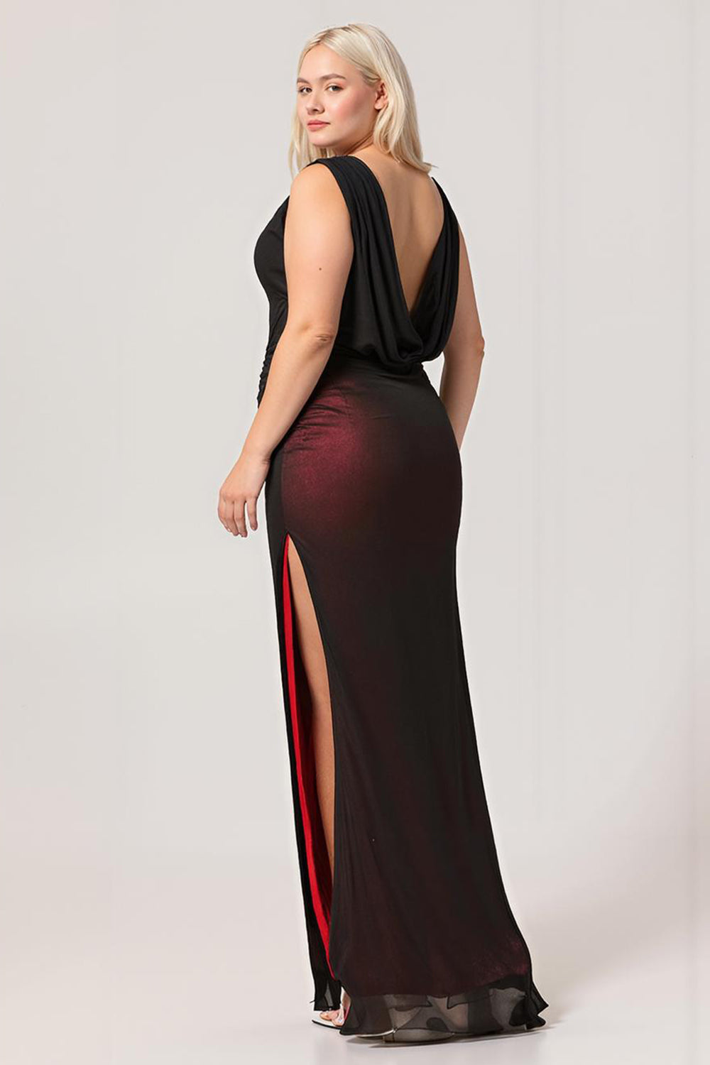Wedtrend Women Plus Size Black Red Long Bridesmaid Dress with Slit Open Back Sheath Vintage 90s Prom Dress Cowl Neck Tulle Wedding Guest Dress, Black Wedtrend Women Plus Size Black Red Long Bridesmaid Dress with Slit Open Back Sheath Vintage 90s Prom Dress Cowl Neck Tulle Wedding Guest Dress, Black