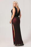 Black Red Sheath Cowl Neck Tulle Open Back Maxi Plus Size Dress with Slit