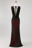 Black Mesh Sheath Cowl Neck Open Back Maxi Dress with Red Lining