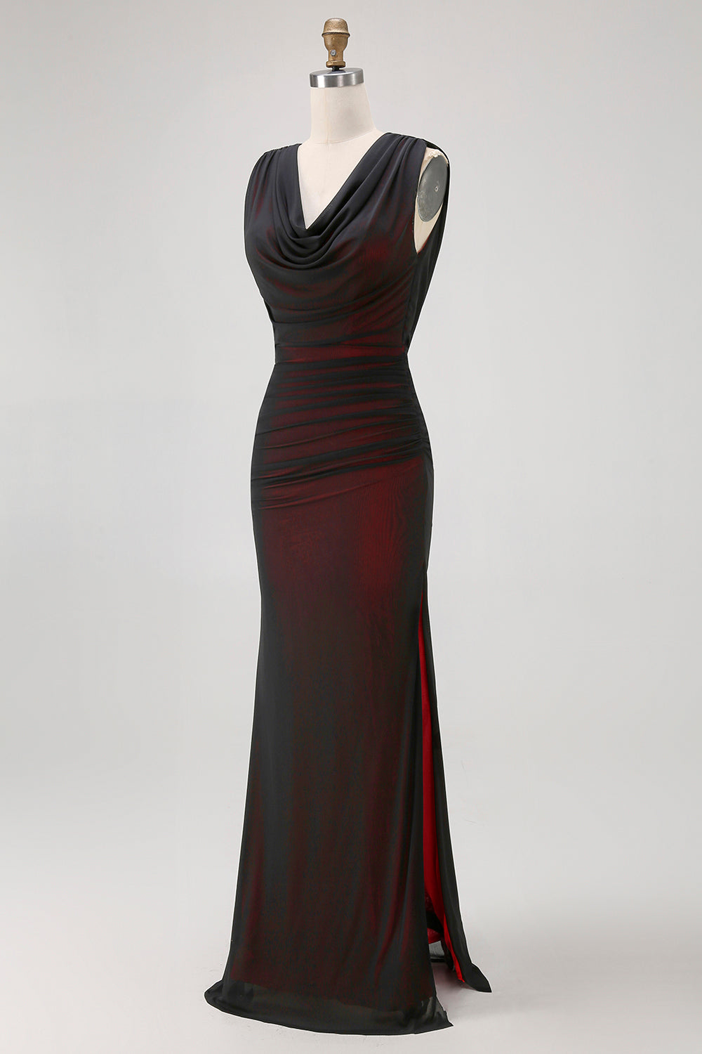 red and black mesh dress WEDTREND Women Black Long Bridesmaid Dress with Red Lining Mesh Sheath Cowl Neck Open Back Wedding Guest Dress with Slit