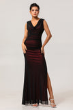 Black Red Sheath Cowl Neck Tulle Open Back Maxi Dress with Slit