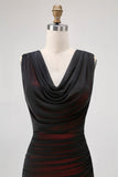 Black Mesh Sheath Cowl Neck Open Back Maxi Dress with Red Lining