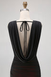 Black Mesh Sheath Cowl Neck Open Back Maxi Dress with Red Lining