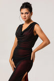 Black Red Sheath Cowl Neck Tulle Open Back Maxi Dress with Slit