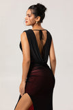 Black Red Sheath Cowl Neck Tulle Open Back Maxi Dress with Slit