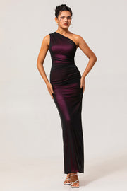 Black Pink Sheath One Shoulder Ruched Tulle Long Bridesmaid Dress with Slit