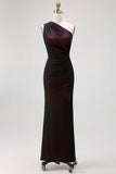 Black Pink Mermaid One Shoulder Tulle Maxi Dress with Slit