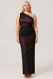 Black Pink Sheath One Shoulder Ruched Tulle Long Plus Size Bridesmaid Dress with Slit