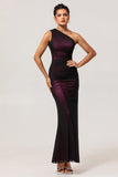 Black Pink Mermaid One Shoulder Tulle Maxi Dress with Slit