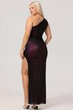 Black Pink Sheath One Shoulder Ruched Tulle Long Plus Size Bridesmaid Dress with Slit
