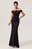 Mermaid Off the Shoulder Black Pink Ruched Maxi Dress with 3D Flower