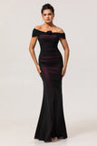 Black Pink Mermaid Off The Shoulder Ruched Tulle Long Bridesmaid Dress with Rosette