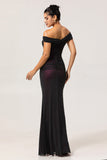 Mermaid Off the Shoulder Black Pink Ruched Maxi Dress with 3D Flower