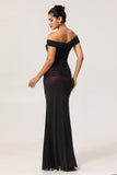 Black Pink Mermaid Off The Shoulder Ruched Tulle Plus Size Bridesmaid Dress with Rosette