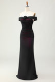 Mermaid Off the Shoulder Black Pink Ruched Maxi Dress with 3D Flower