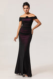Black Pink Mermaid Off The Shoulder Ruched Tulle Plus Size Bridesmaid Dress with Rosette