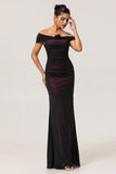 Black Pink Mermaid Off The Shoulder Ruched Tulle Plus Size Bridesmaid Dress with Rosette
