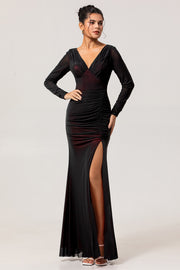 Black Red Mermaid V-Neck Long Sleeves Tulle Long Bridesmaid Dress with Slit