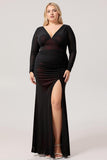 Black Red Mermaid V-Neck Long Sleeves Tulle Plus Size Bridesmaid Dress with Slit