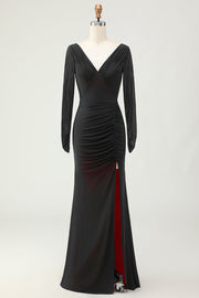 Black Red Sheath Ruched Long Sleeves Bridesmaid Dress with Slit