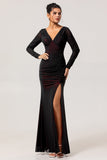 Black Red Sheath Ruched Long Sleeves Bridesmaid Dress with Slit