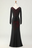 Black Red Sheath Ruched Long Sleeves Bridesmaid Dress with Slit