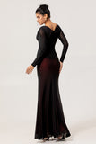 Black Red Mermaid V-Neck Long Sleeves Tulle Plus Size Bridesmaid Dress with Slit