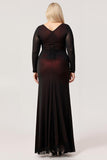 Black Red Mermaid V-Neck Long Sleeves Tulle Plus Size Bridesmaid Dress with Slit